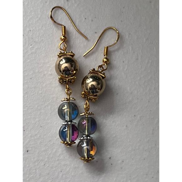 Handmade Earrings Elegant Gold & Iridescent Dangles Futuristic Glam - Picture 1 of 3